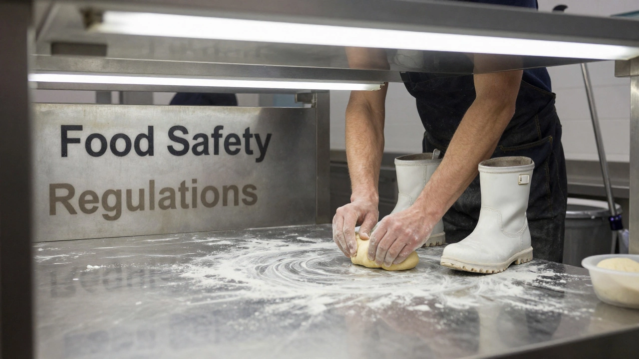 Bakery worker in closed-toe boots preparing food in a clean kitchen