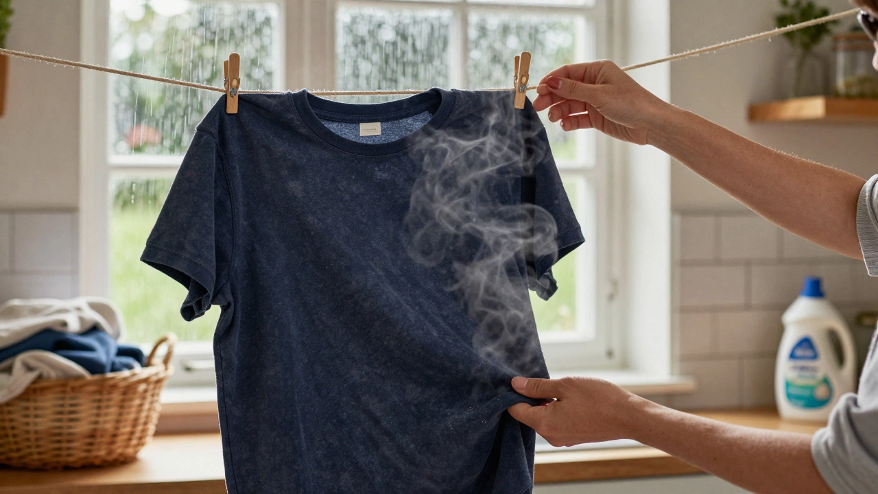 Damp cotton T-shirt drying on a wooden line in a cozy Irish kitchen with rain on the window.