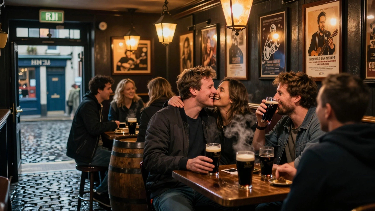 Friends laughing and exchanging cheek kisses in a warm, dimly lit Irish pub.