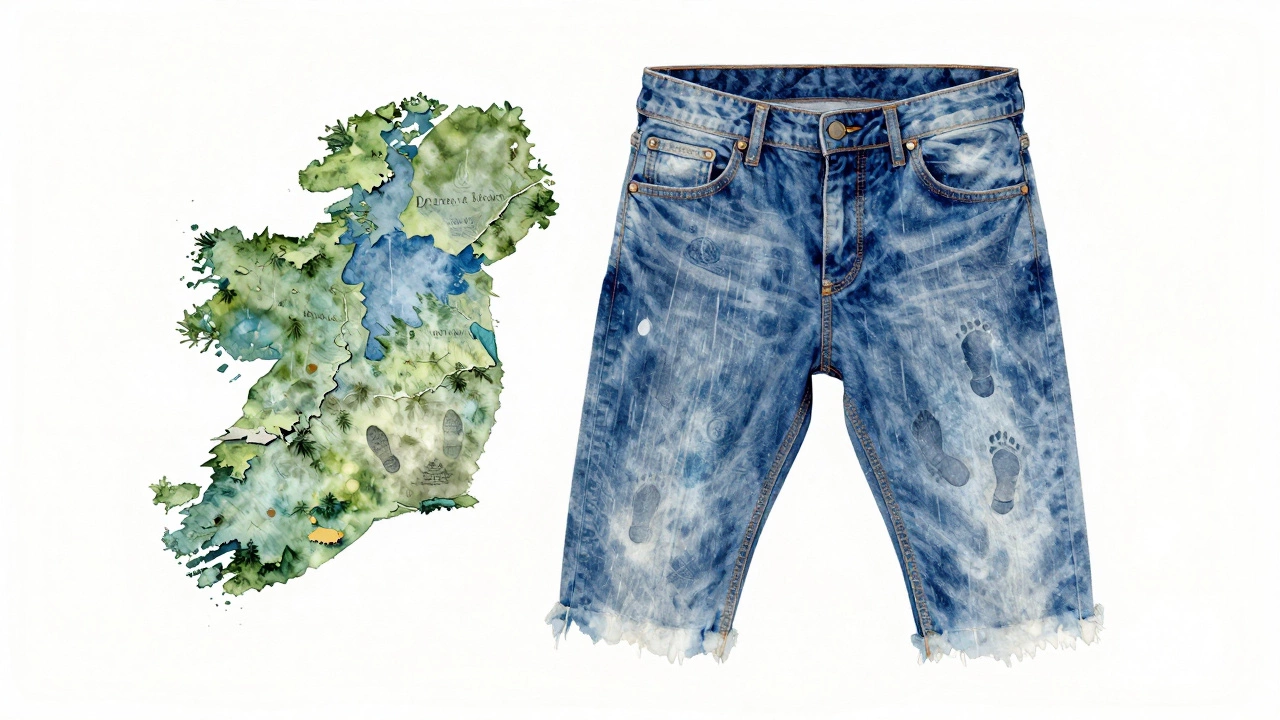 Jeans as a watercolor map of Ireland, faded with memories of hikes, pubs, and rainy walks.