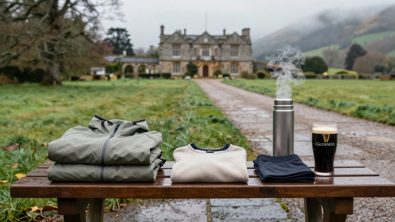 Outdoor gear and a thermos sit beside a pint on a wet bench as mist rolls in from Irish mountains.