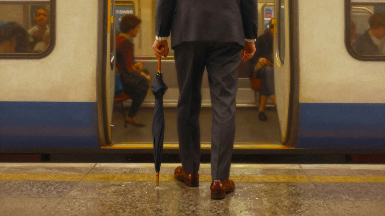 Professional stepping off a Dublin train in Allen Edmonds shoes, gripping wet granite tiles.