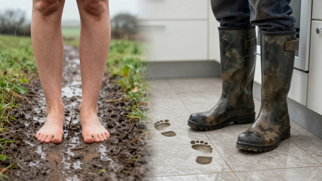 Split image showing transition from bare feet on muddy path to boots in kitchen