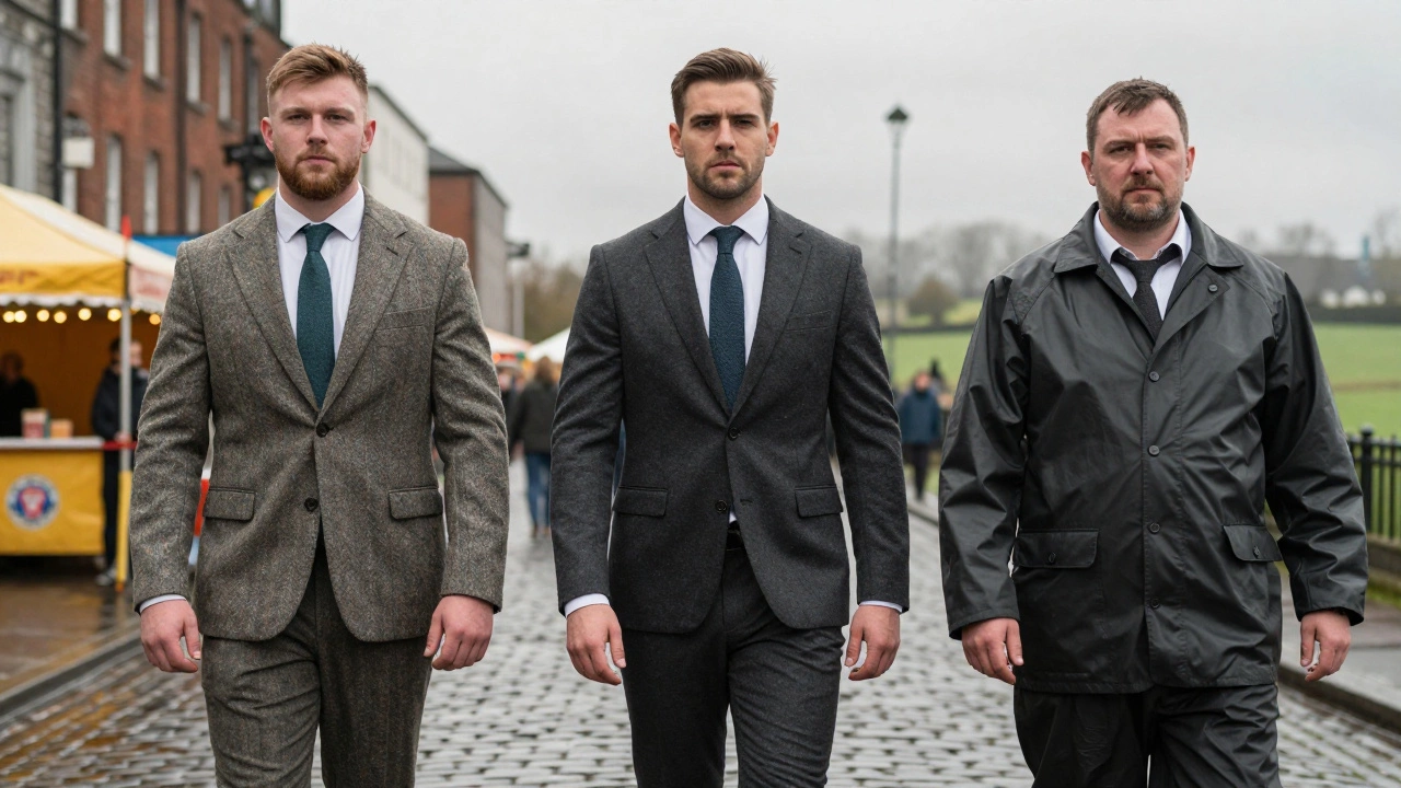 Three Irish men in well-fitted suits: a rugby player, a businessman, and a farmer, each suited for their environment.