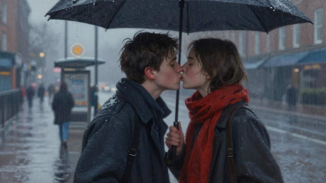 Two teenagers sharing a gentle cheek kiss under a rainy Dublin awning.