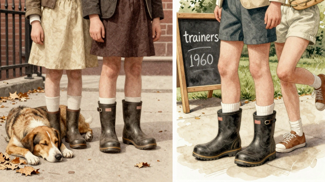 Vintage illustration comparing 1890s Boston children sneaking in rubber-soled shoes and 1960s Irish teens jogging in trainers.