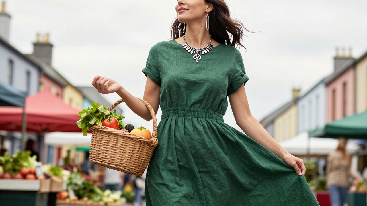 Woman at a Sligo farmers' market in a dark green empire-waist dress, holding a basket, statement necklace visible.
