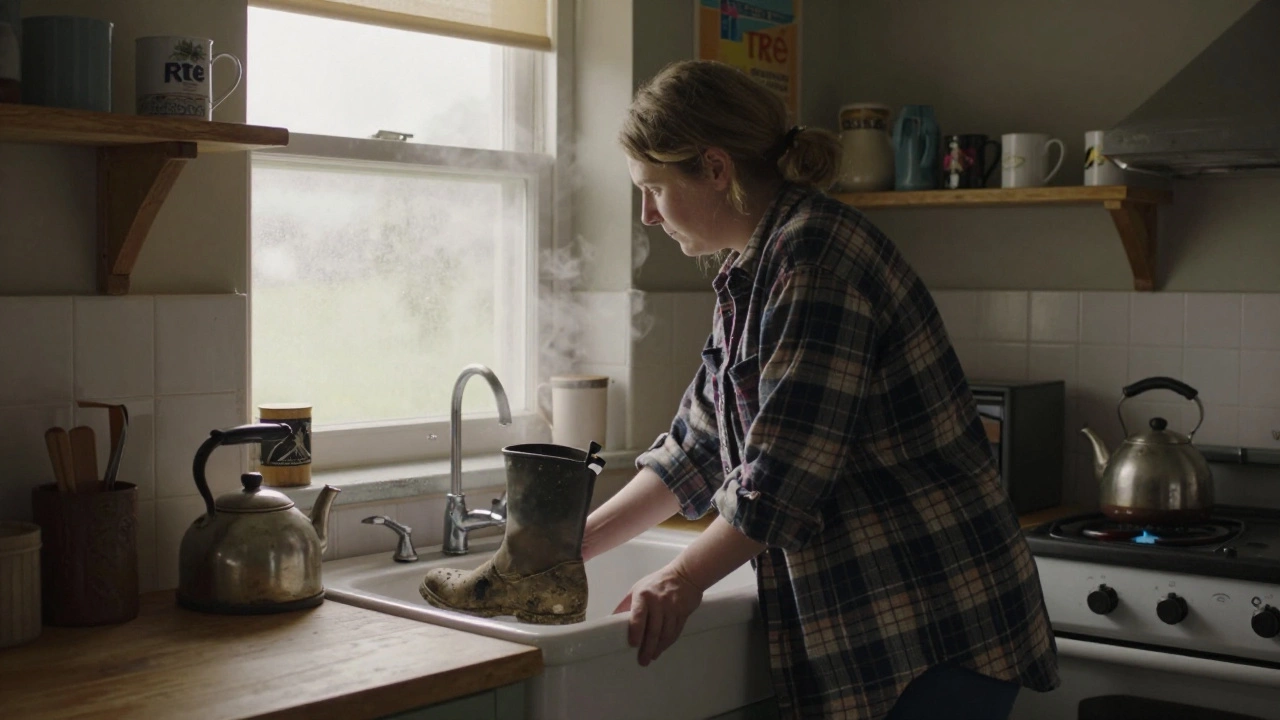 Woman in rural Irish kitchen wearing a flannel shirt, holding a muddy boot