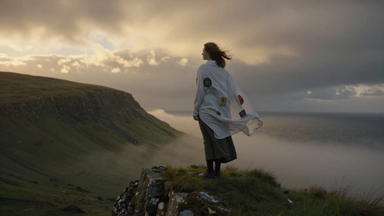 Woman on Connemara cliff in wind-swept men’s shirt, overlooking misty hills