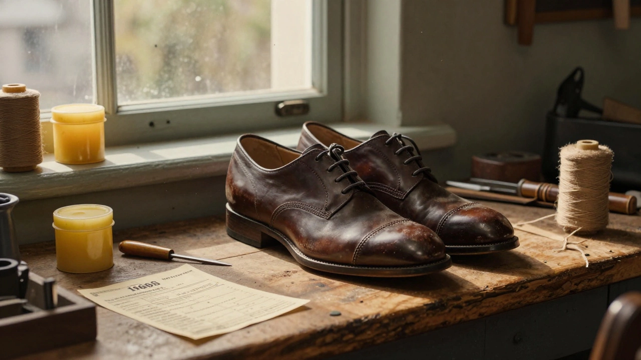 Worn John Lobb oxfords on a cedar shoe tree in a Galway cobbler’s workshop with repair tools.