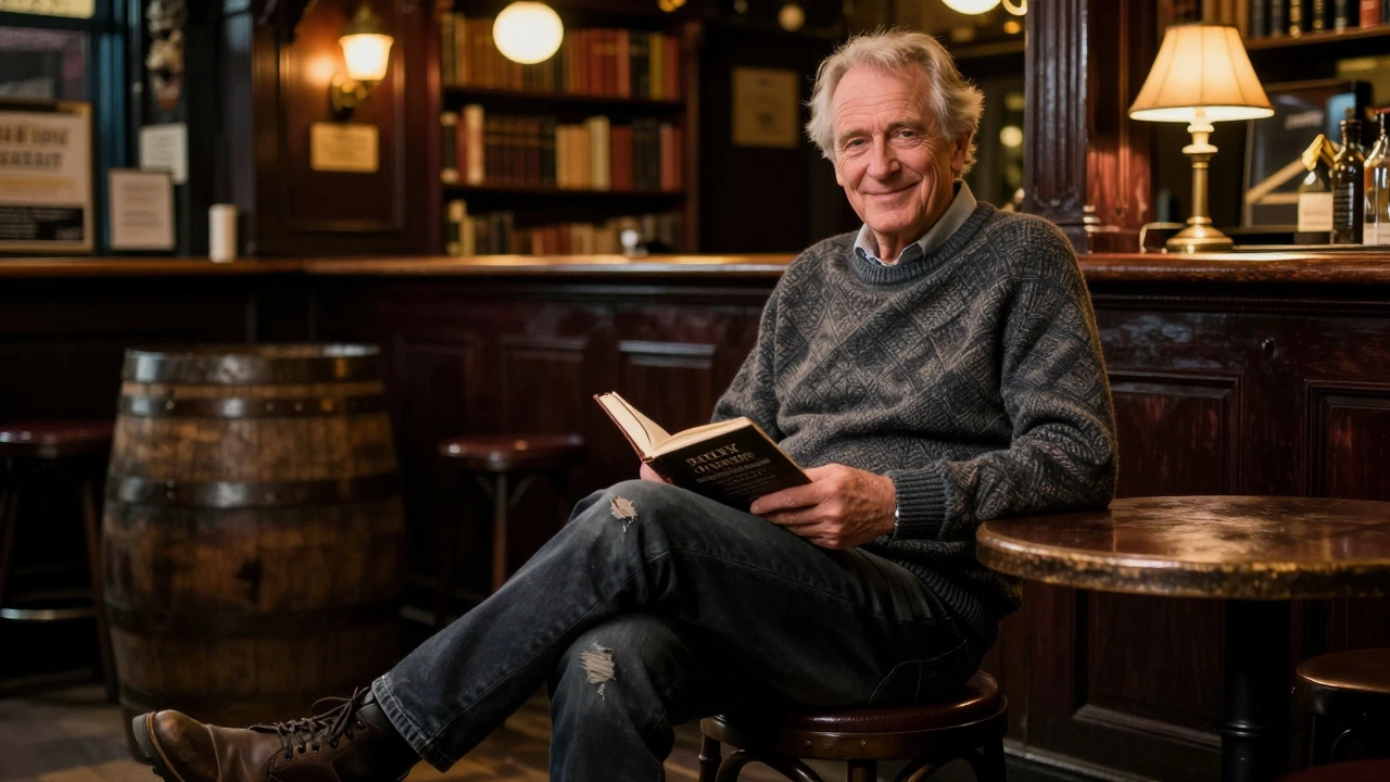 75-year-old man in Aran sweater and jeans at Irish pub reading poetry