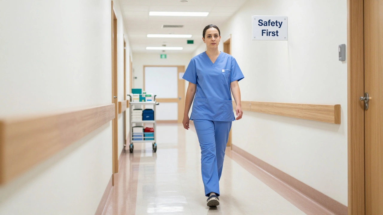 A nurse in Galway hospital walking in non-slip clogs on glossy linoleum floor under bright lights.