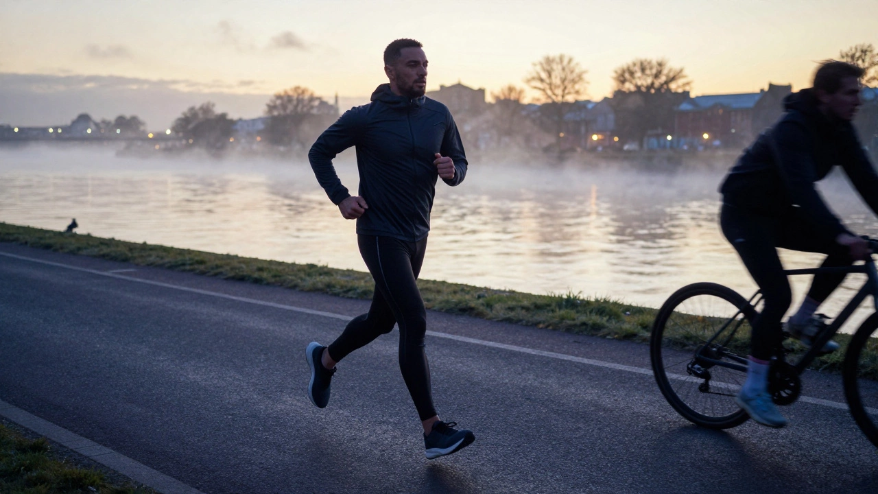 A runner on a misty Irish path wearing performance sportswear at dawn, city lights visible in the background.