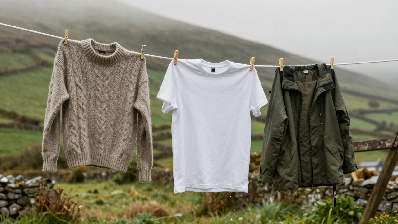 A T-shirt hanging on a clothesline in Kerry, with a wool jumper and waterproof jacket below, surrounded by misty hills.