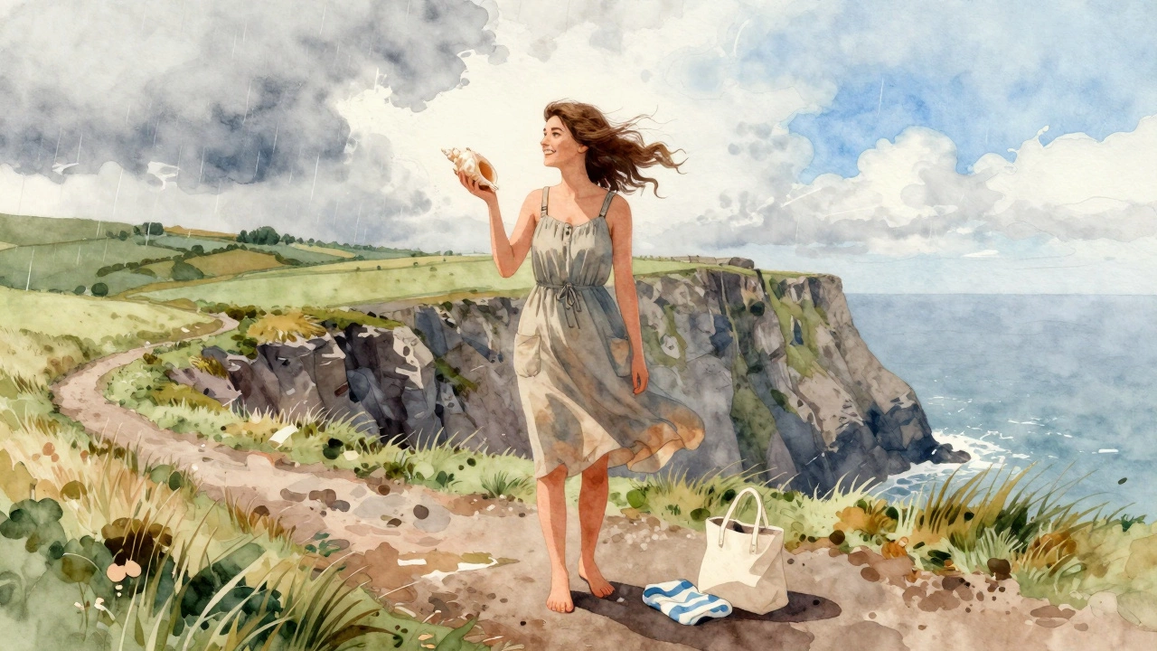 A woman stands on a cliff path in Wicklow, wind lifting her sundress as rain and sun meet in the sky.