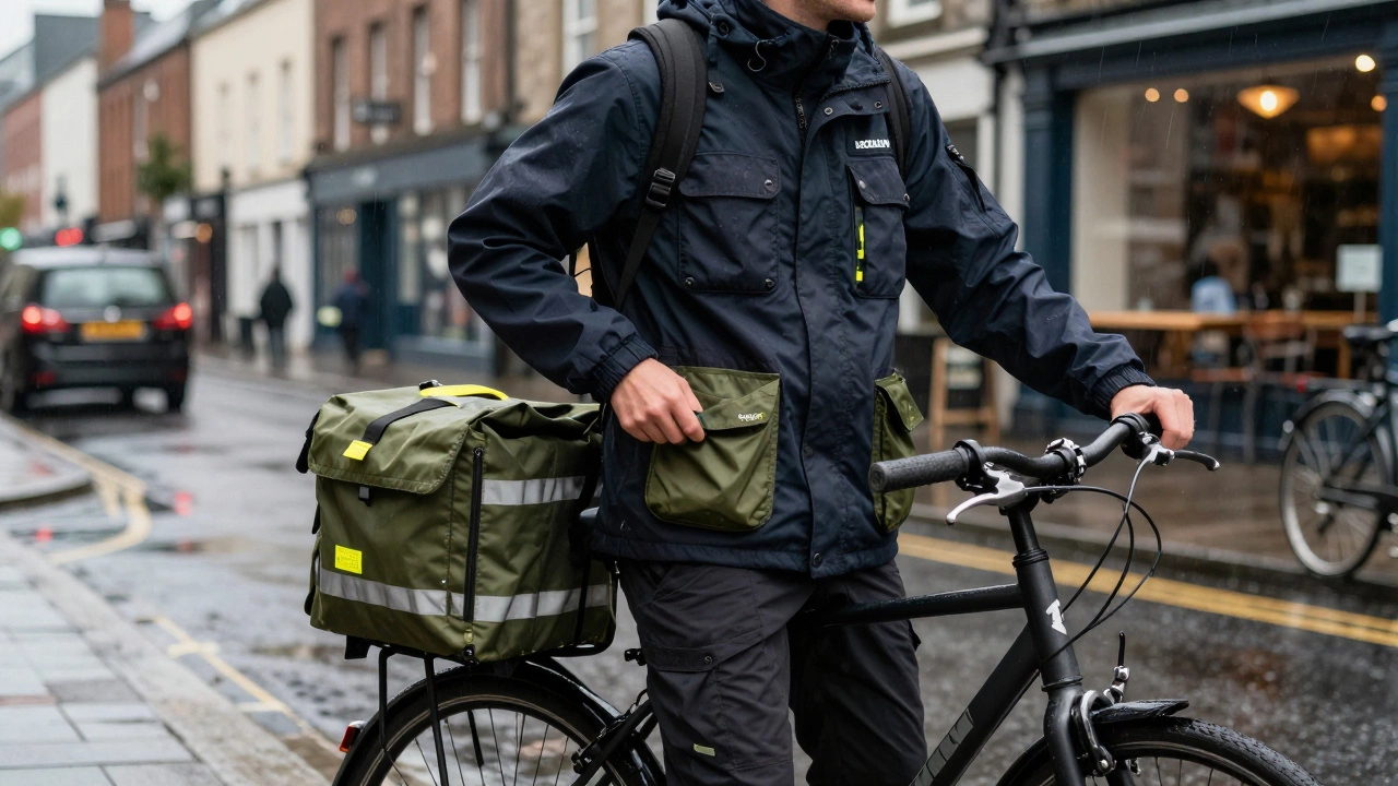 Bike courier in utility jacket with cargo pockets, delivering in rainy Cork city