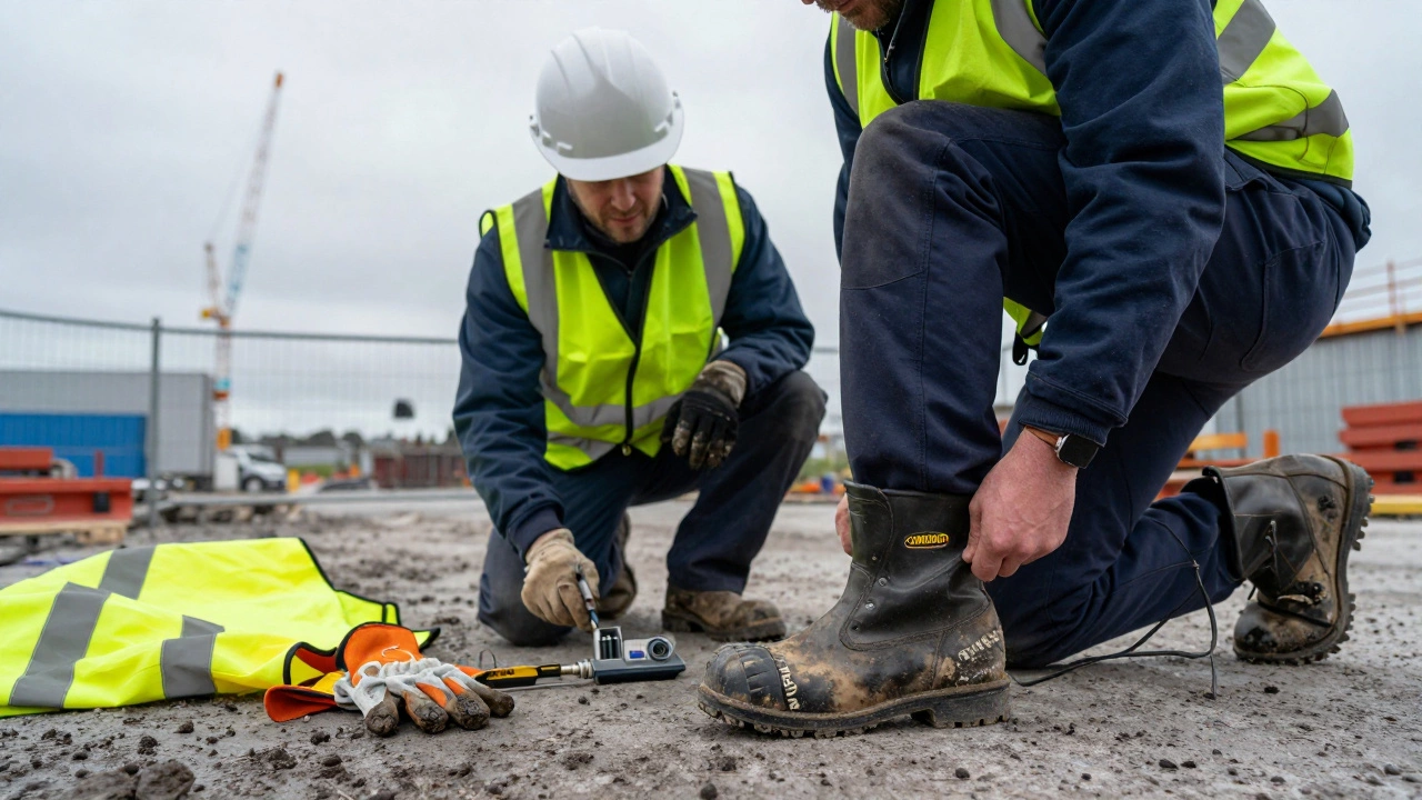 Construction workers in certified steel-toe boots on a muddy Irish site, one adjusting footwear near industrial fencing.