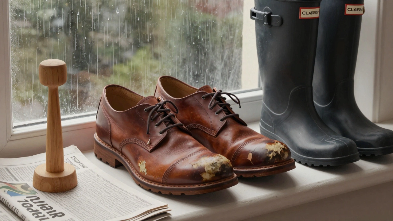 Cracked leather shoes beside cedar tree and waterproof boots, drying by a rainy window.