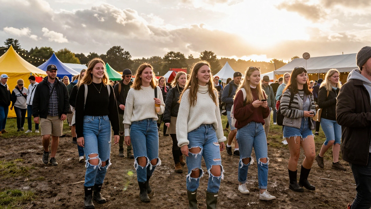 Crowd at Irish music festival wearing natural-look ripped jeans, muddy ground and colorful tents behind them.