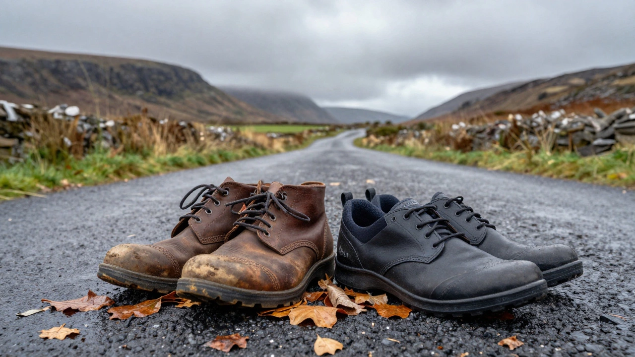 Discarded cheap shoes beside durable Irish-approved footwear on a misty rural lane, symbolizing long-term comfort.