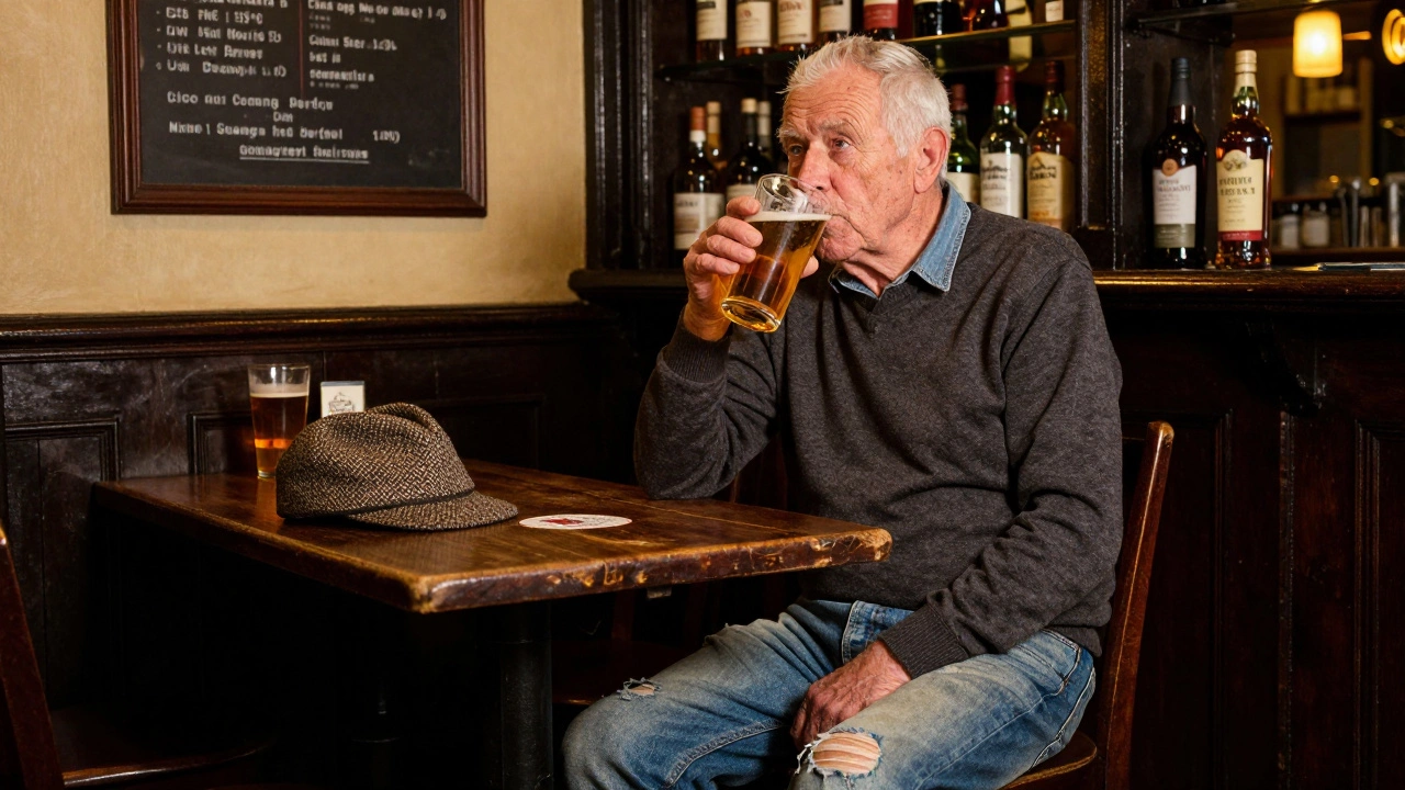 Elderly man in Cork pub wearing faded jeans with subtle knee rips, sipping a pint beside a tweed cap.