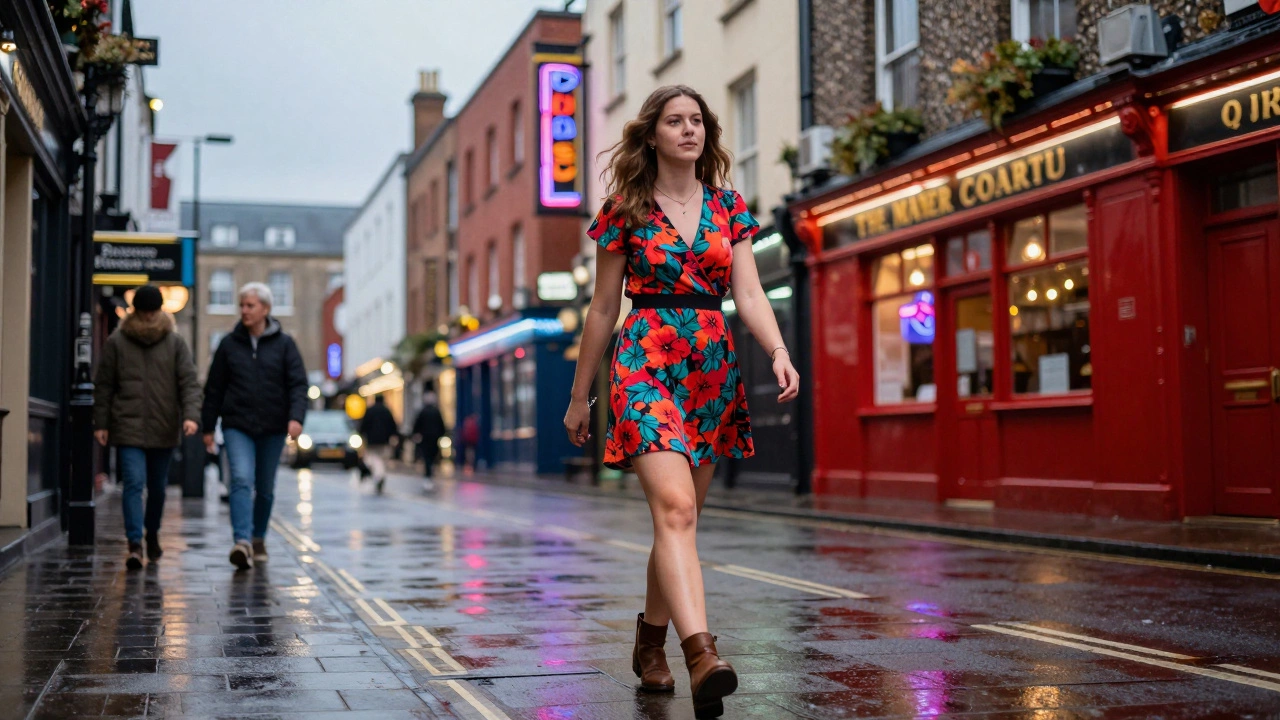 Floral dress and ankle boots in Temple Bar at dusk.