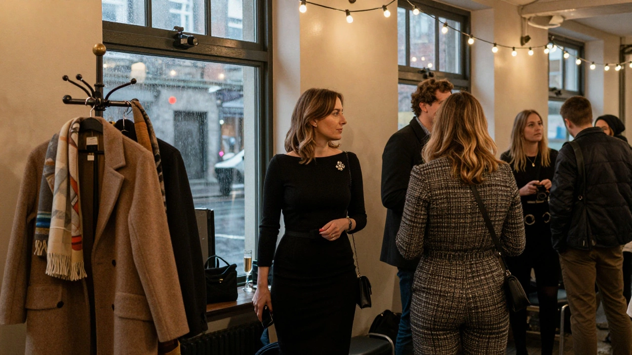 Guests at a Galway Film Fleadh event wear wool dresses and tweed outfits under warm indoor lights, with scarves on a coat rack.