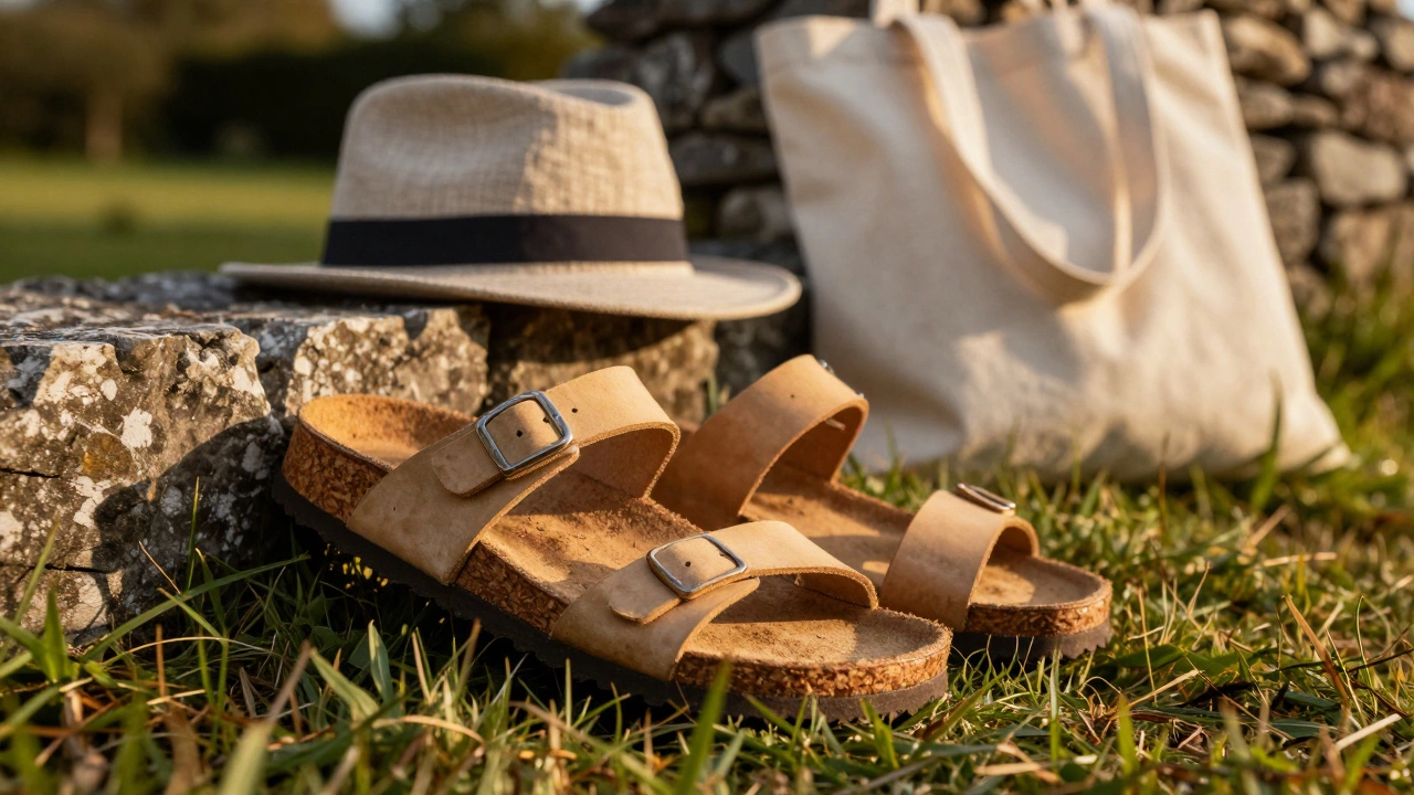 Handmade cork-soled sandals resting on grass beside a stone wall, with a linen cap and cotton tote nearby.