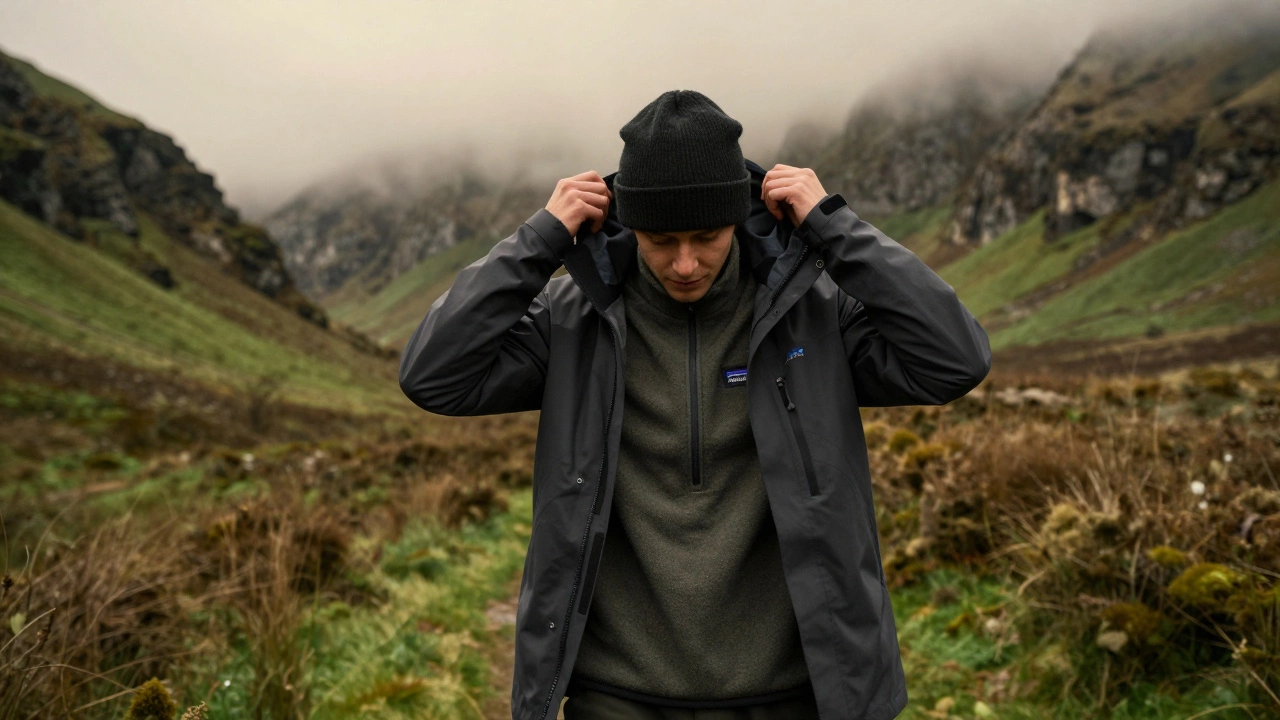 Hiker layered in thermal, fleece, and waterproof jacket on Irish hillside under misty sky