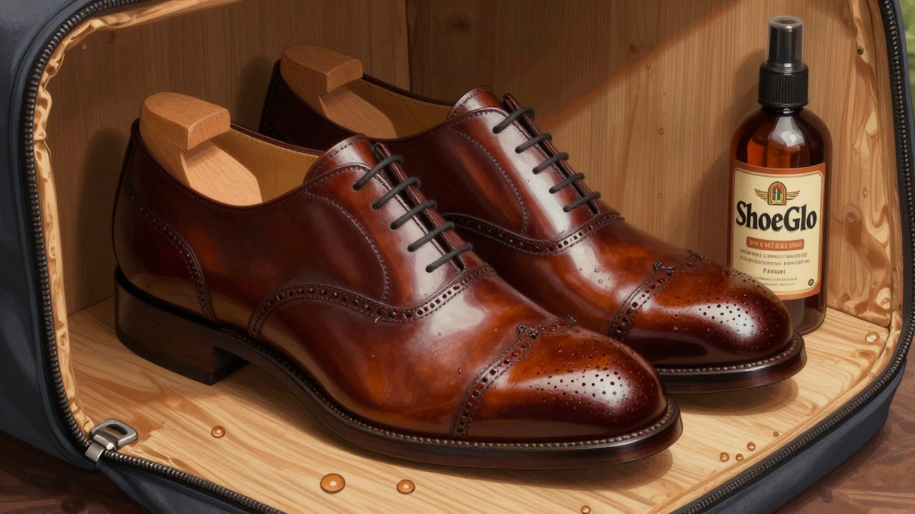Irish patent brogues on cedar shoe tree with conditioner bottle nearby