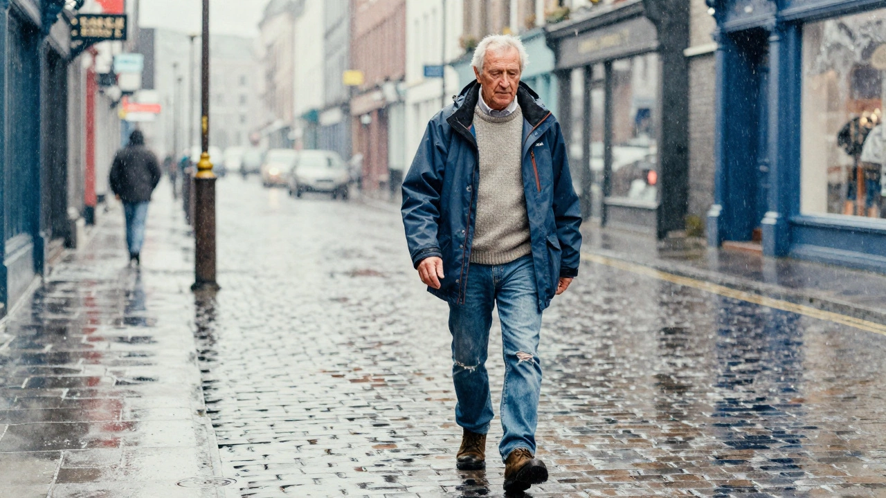 Senior man in distressed jeans and waterproof jacket in rainy Dublin