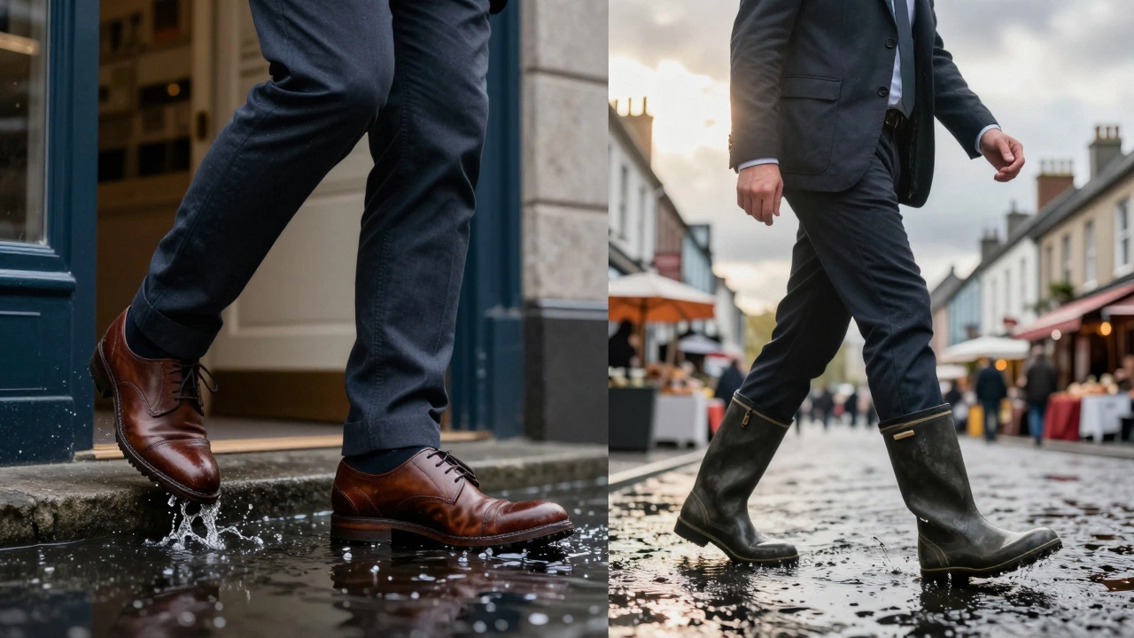 Split image: damaged leather shoes vs. waterproof boots, symbolizing adaptation to Irish weather.
