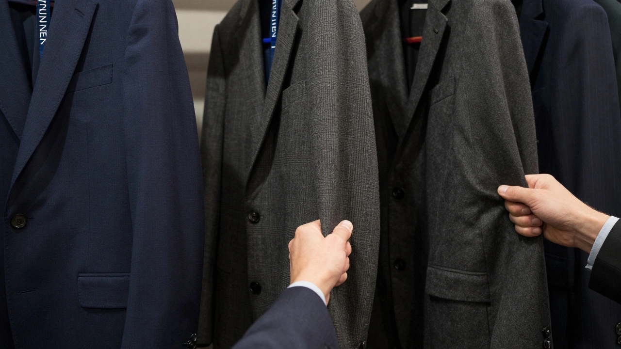 Three hands reach for different suits in a dim Irish store — one cheap polyester, one quality wool-blend, one second-hand — highlighting choices in budget fashion.
