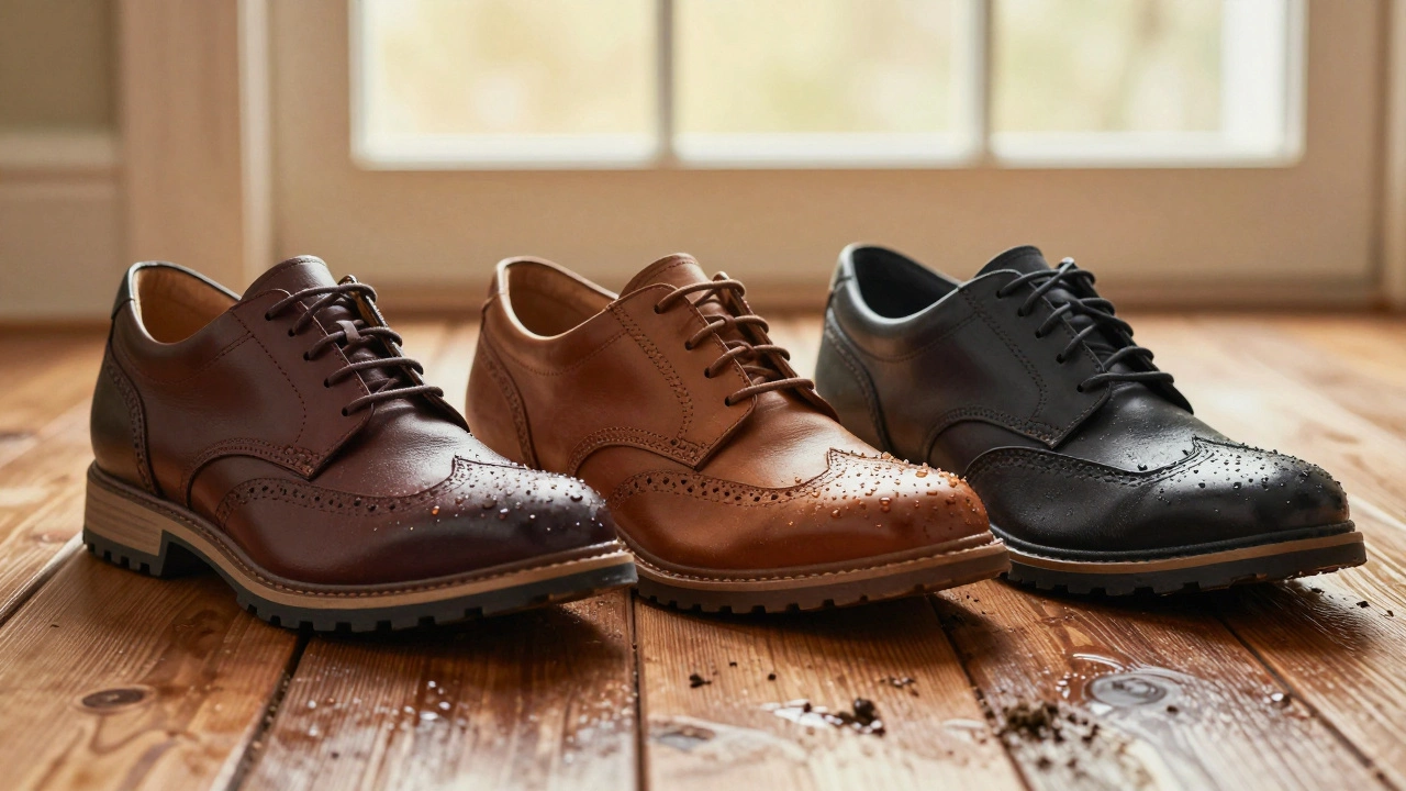 Three high-quality Irish-recommended shoes side by side on a damp floor, with water droplets on leather uppers.
