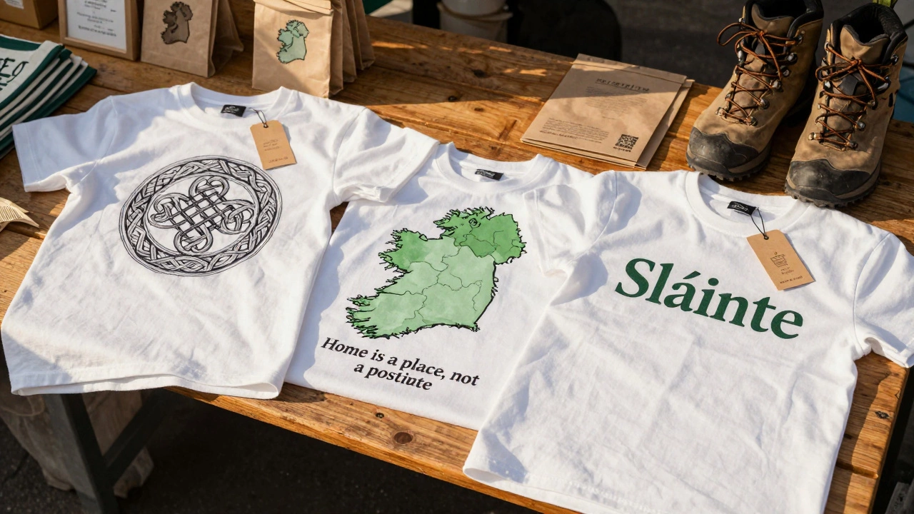 Three Irish-designed T-shirts with Celtic knots, a map of Ireland, and 'Sláinte' slogan displayed at a local market stall.