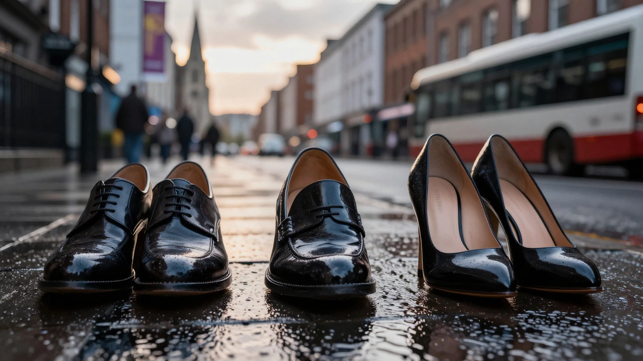 Three patent leather shoes reflecting Irish scenes on rainy pavement