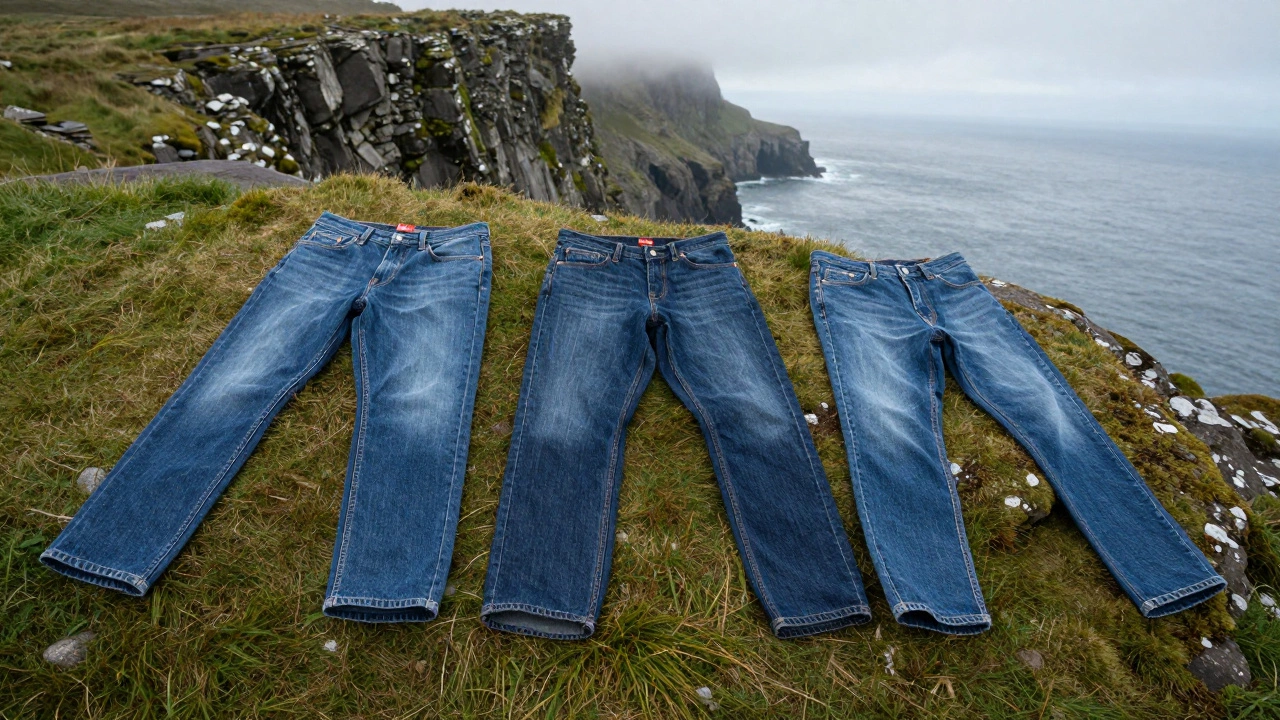 Three types of Irish-made jeans laid on a misty cliffside, representing commuter, outdoor, and sustainable styles.