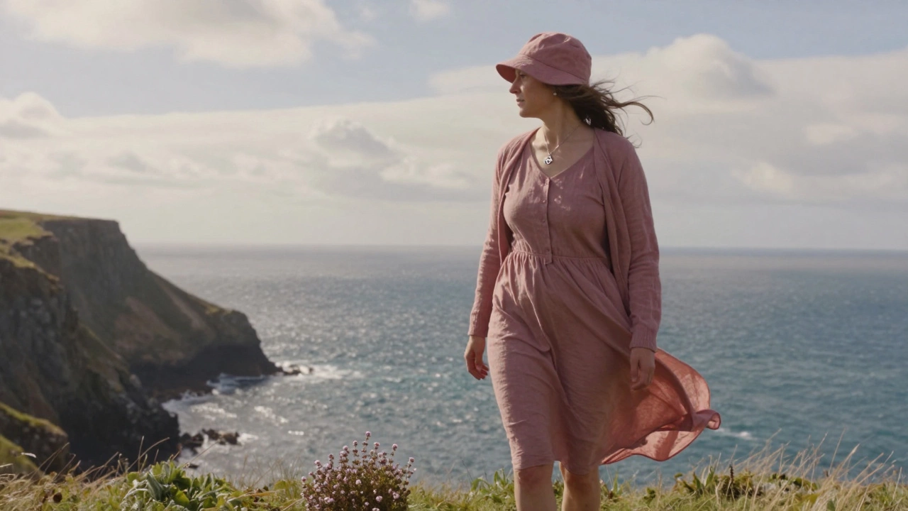 Woman at a coastal cliff in Ireland, wearing a pastel dress and linen cap, with a silver pendant and light cardigan blowing in the breeze.