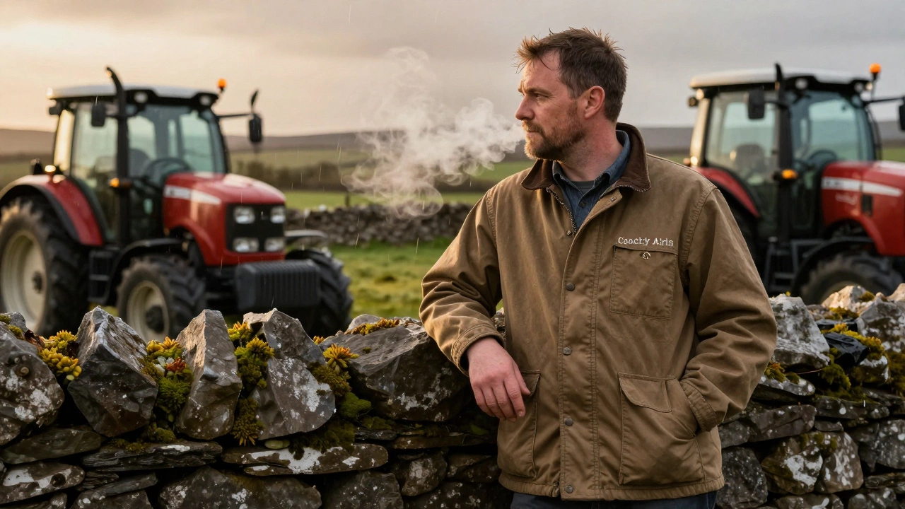 A farmer in County Clare leans on a stone wall wearing a traditional Irish canvas jacket, rain falling softly as golden light illuminates the scene.