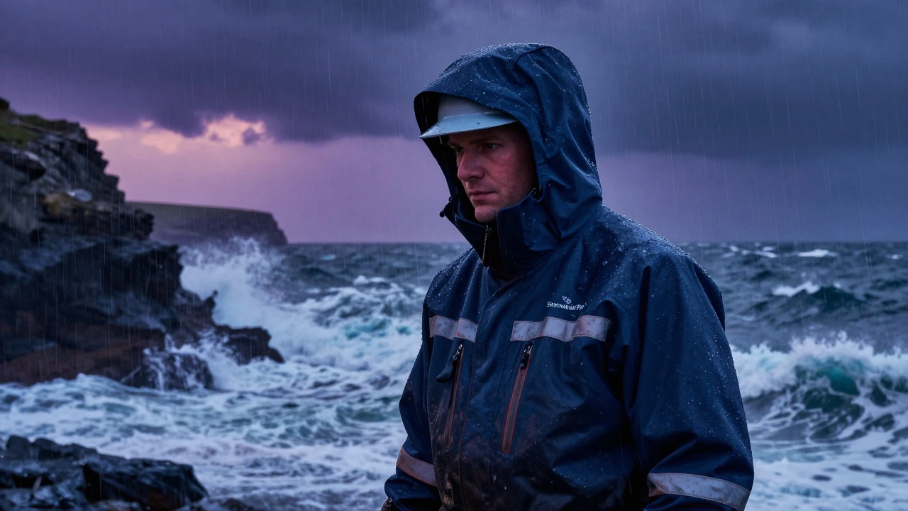 A fisherman in Dingle Bay wears a stormproof jacket with reflective strips as fierce coastal winds and waves crash against cliffs at twilight.