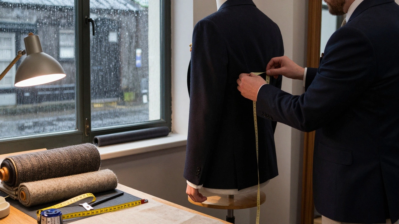 A tailor fitting a dark navy suit with Irish wool fabric in a Limerick workshop.