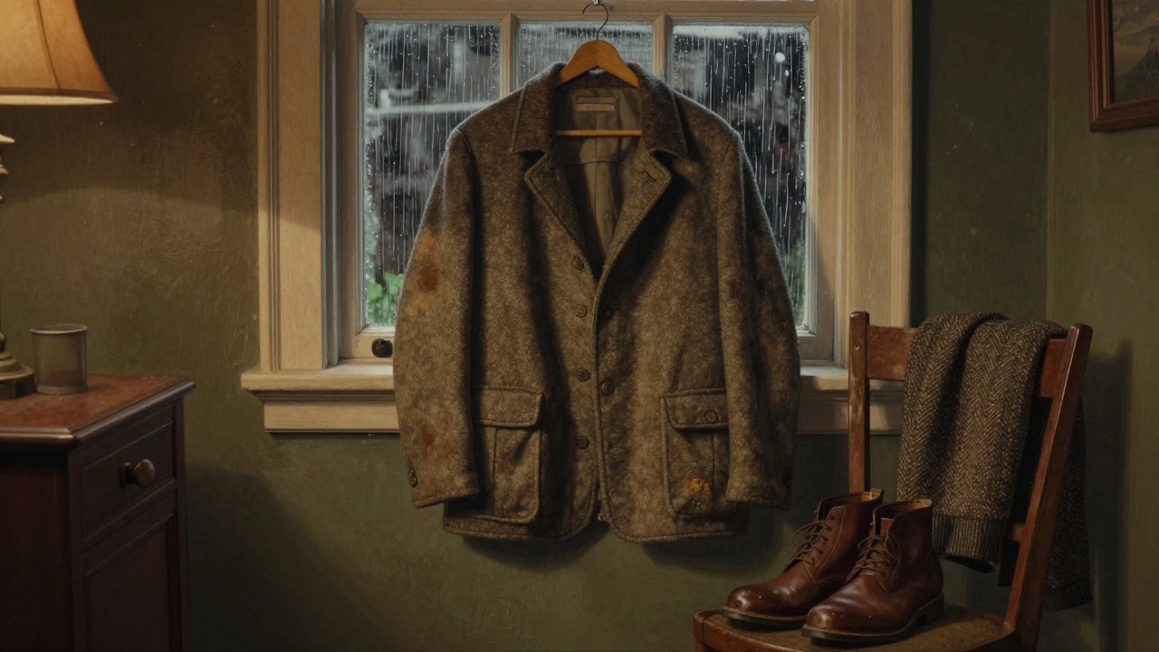A vintage Hemingway-style wool coat hangs on a wooden hanger in an Irish hallway with rain on the window.