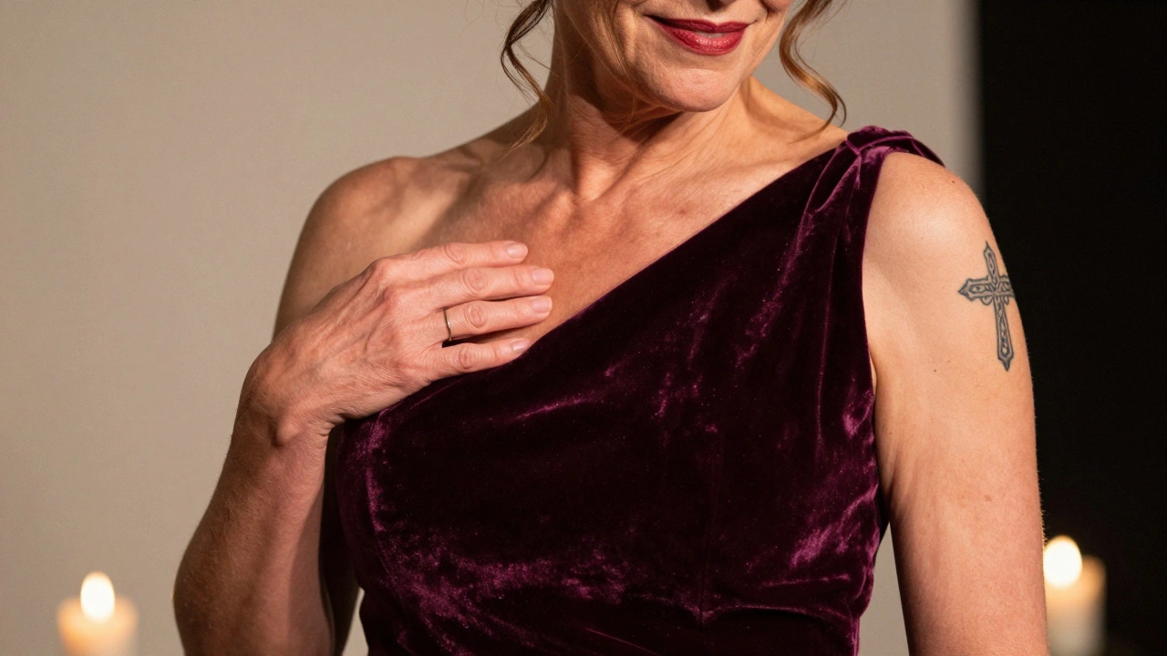 A woman in a velvet gown at a Limerick jazz festival, revealing a Celtic cross tattoo on her shoulder.