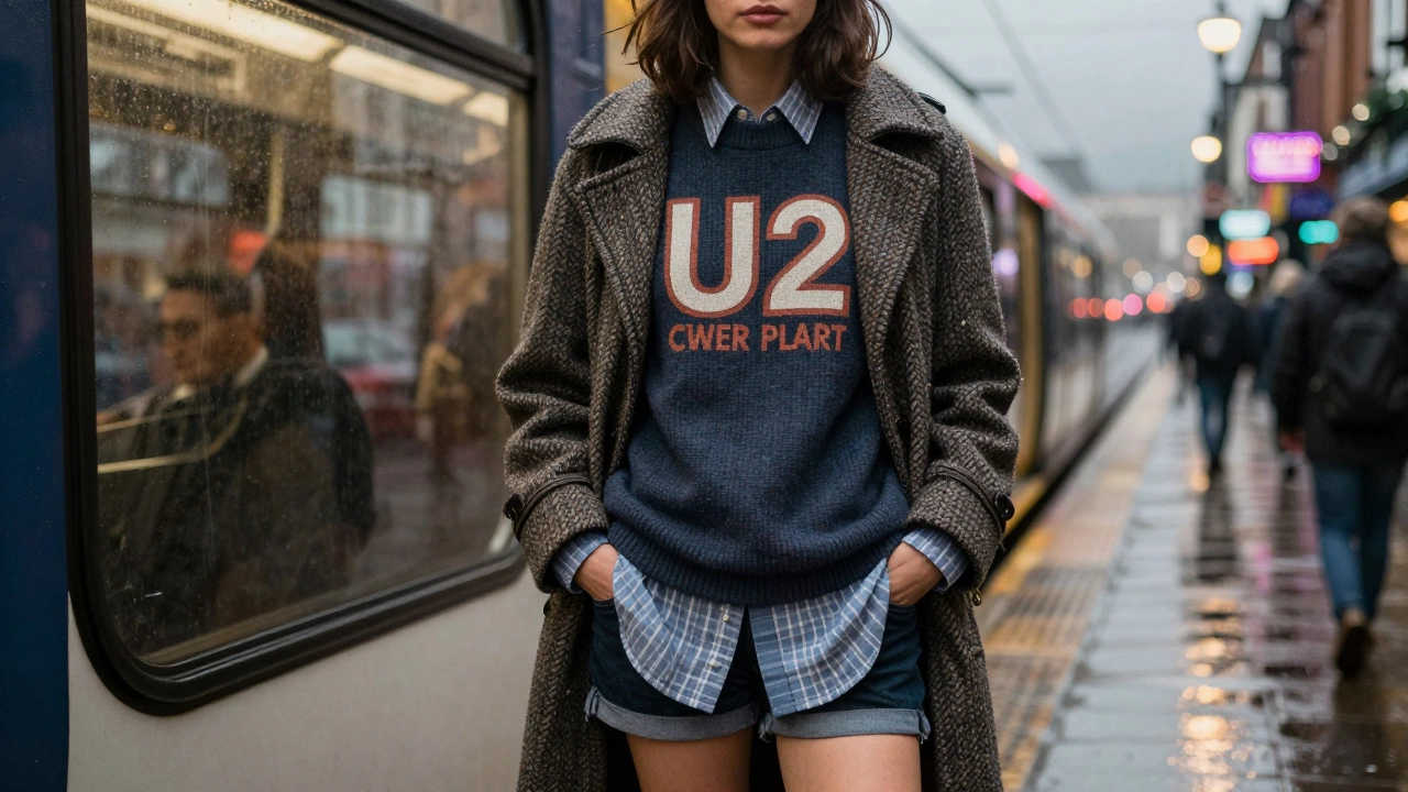 A young woman layered in a vintage band tee, wool sweater, and tweed coat on a Dublin train platform.