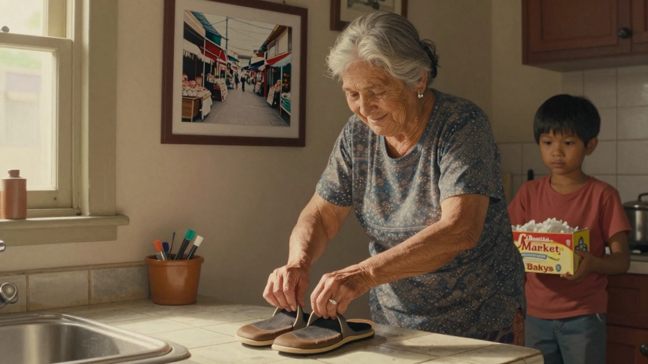 An elderly Irish woman putting on bakya on cold kitchen tiles, with a photo of Manila on the wall.