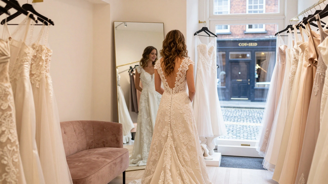 Bride trying on evening gown in boutique mirror with soft lighting