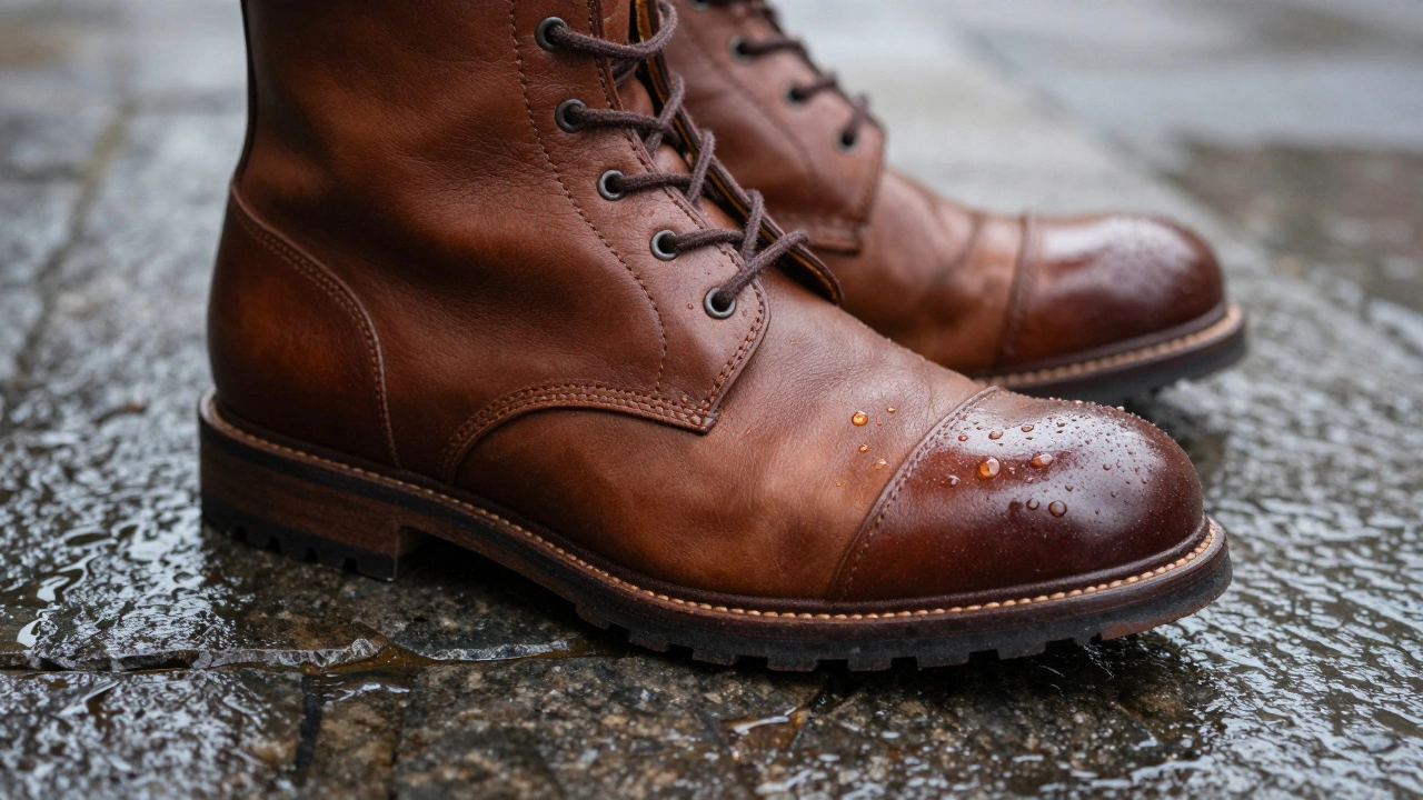 Close-up of water-resistant leather shoe on wet stones