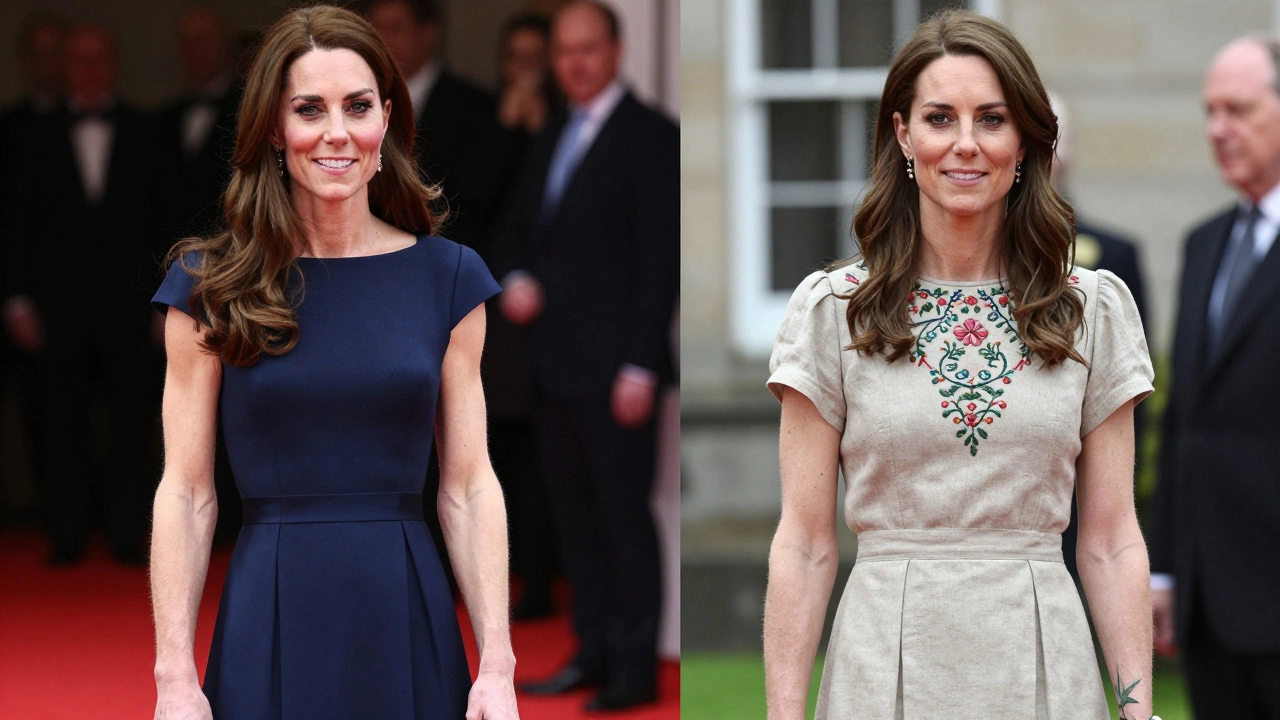 Contrast of Kate Middleton in a formal gown versus an Irish woman in a linen dress with a tattoo, both in elegant settings.