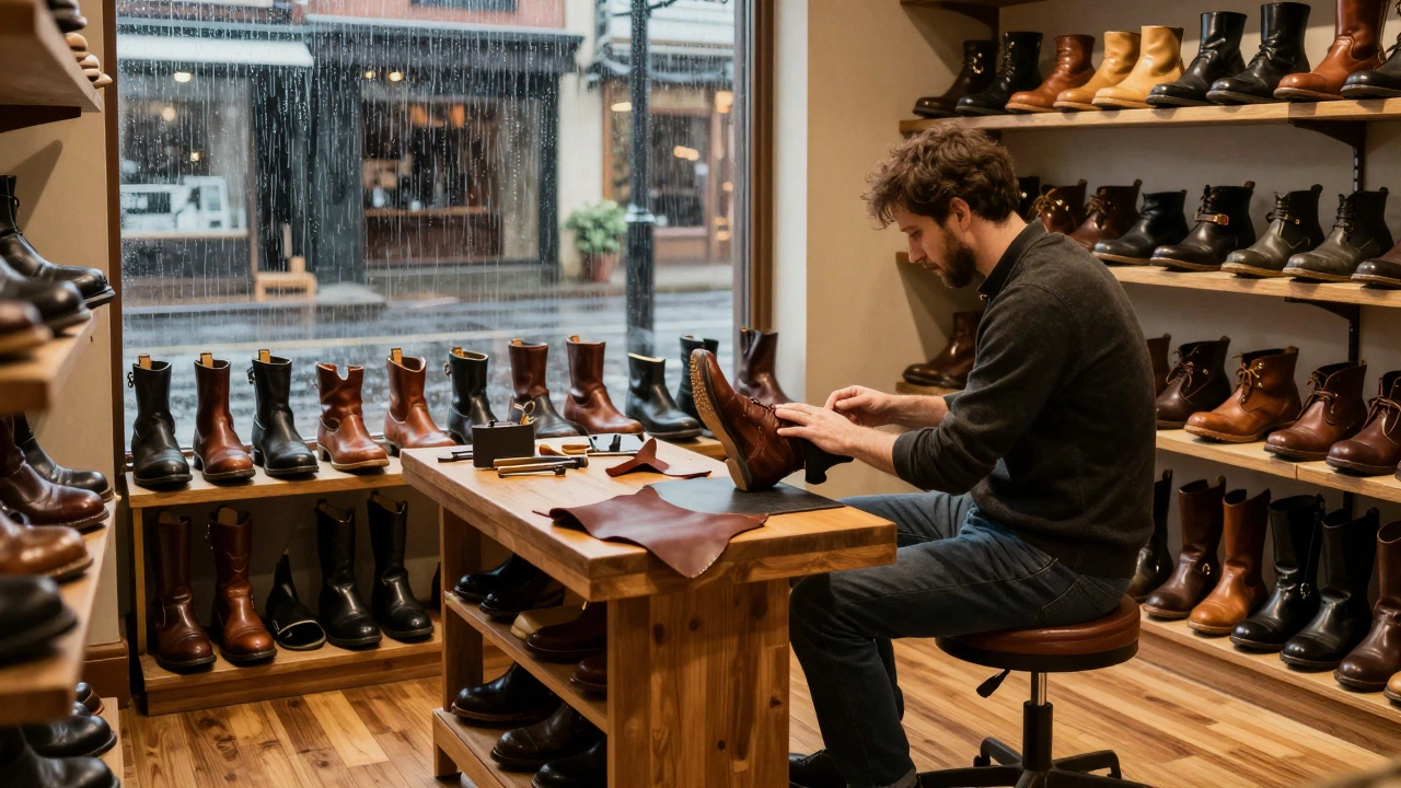 Customer getting shoes fitted in traditional cobbler shop