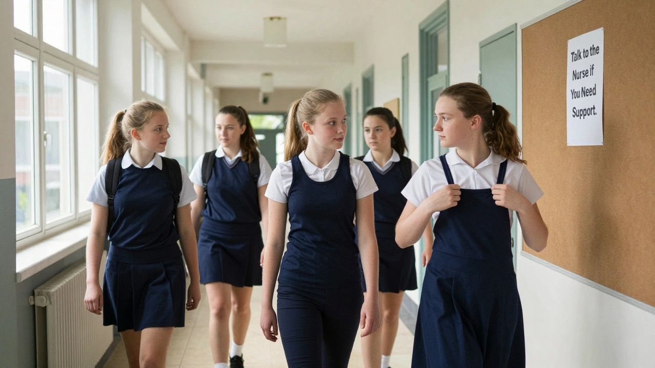 Girls in Irish school uniforms walking past a supportive nurse noticeboard in a quiet corridor.